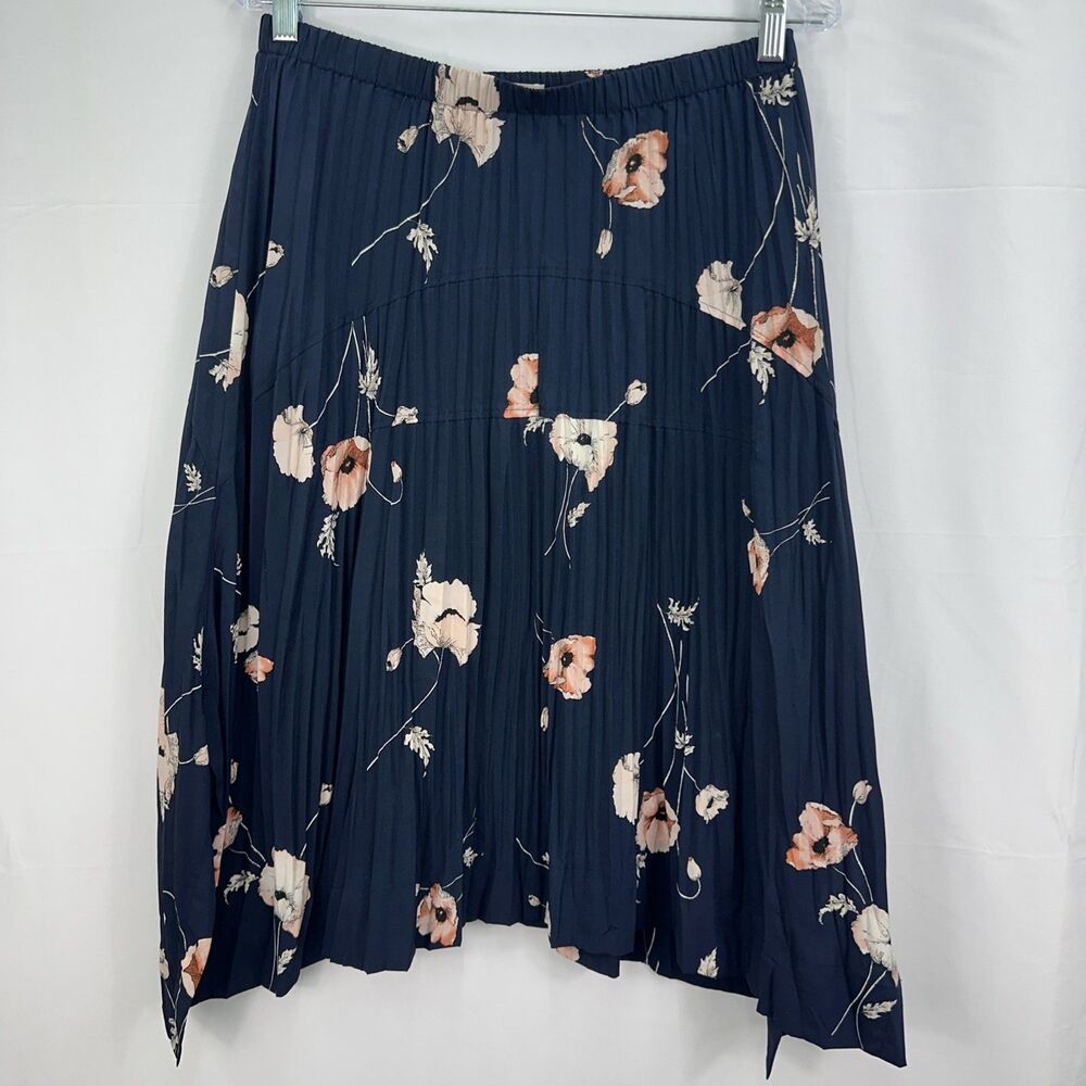 VINCE Tossed Poppy Pleated Midi Skirt in Marine Navy Blue Floral Size M Boho #6 - Picture 2 of 7